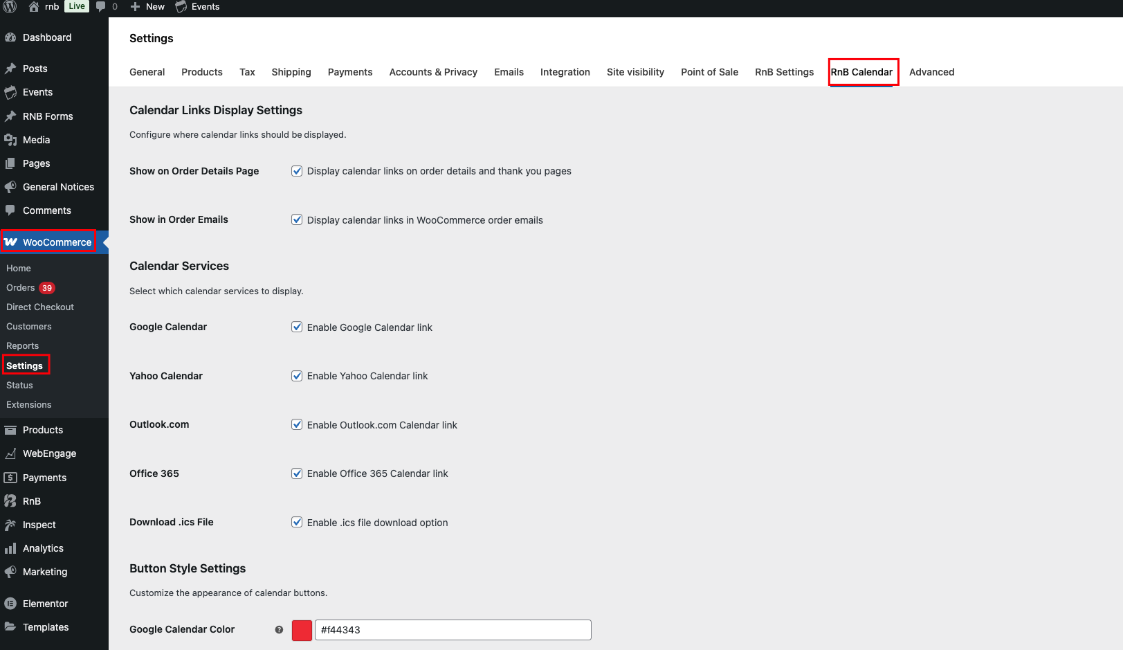 RNB Calendar Settings